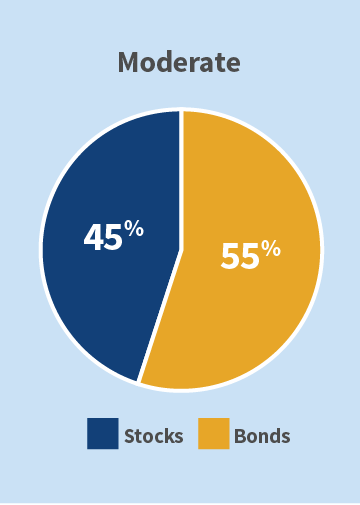Pie chart for Moderate investment option showing allocation of 55 percent bonds and 45 percent stocks